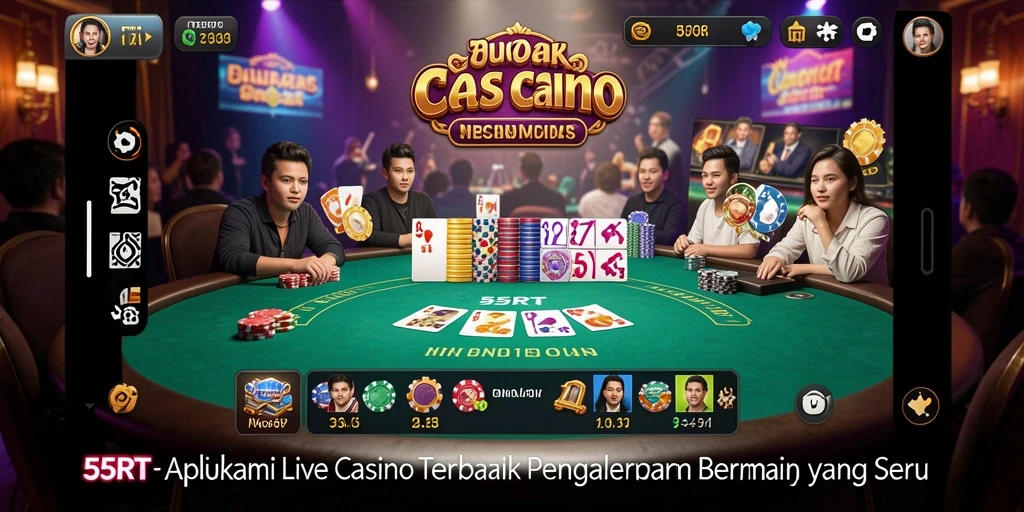 Tangkapan layar gameplay Live Casino 55RT dengan dealer profesional dan suasana kasino yang nyata.