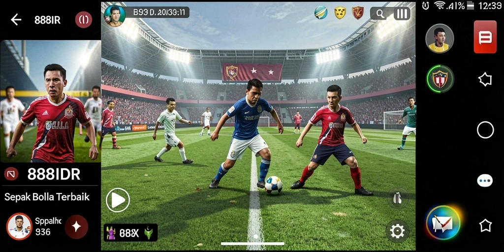 Tampilan gameplay nyata di lapangan sepak bola dengan aksi pemain.