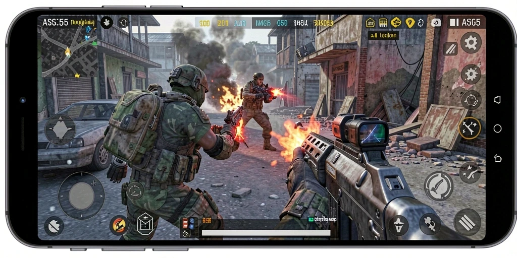 Screenshot fitur gameplay ASG55 yang memperlihatkan aksi seru dalam pertempuran TPS.