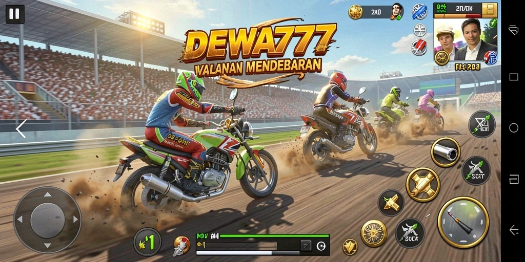 Screenshot gameplay DEWA777 yang menunjukkan aksi balapan motor yang mendebarkan.