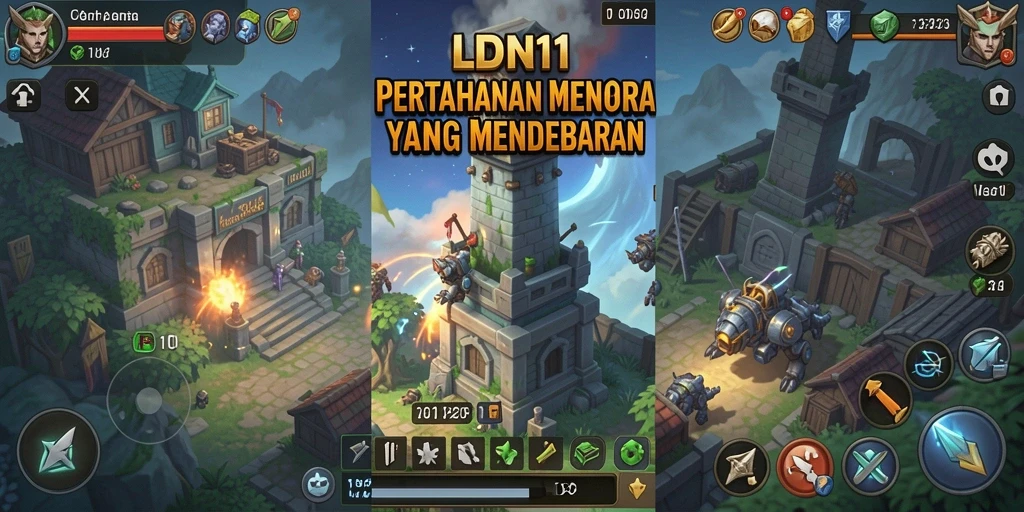 Screenshot gameplay LDN11 menampilkan menara pertahanan yang siap menghadapi serangan musuh.
