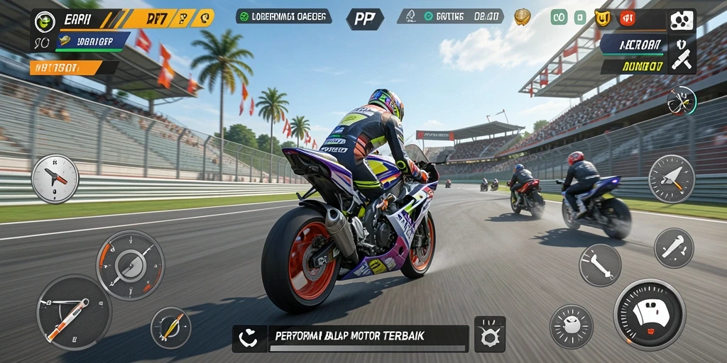Screenshot menampilkan aksi balapan motor yang mendebarkan di PP7.