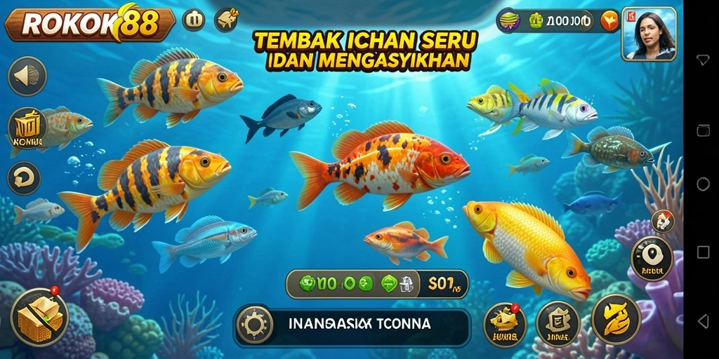 Screenshot gameplay ROKOK88 yang menampilkan aksi menembak ikan.