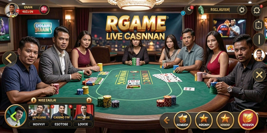 Screenshot RPGAME menampilkan dealer profesional dalam suasana Live Casino yang seru.