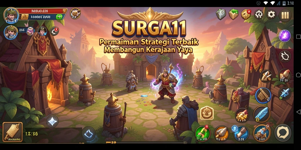 Tampilan gameplay <strong>SURGA11</strong> menampilkan pembangunan kerajaan yang epik.